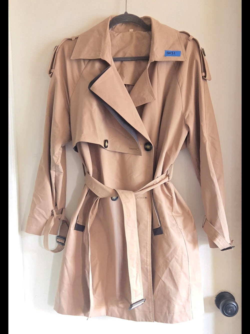 Primark Women’s Tan Trench Coat with Belt, Double Breasted, Cropped Pea Coat